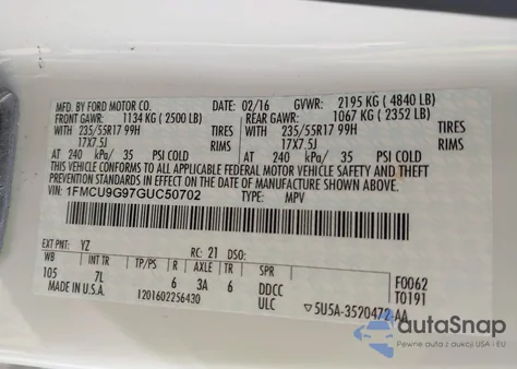 2016 Ford Escape Se from USA, damaged, VIN 1FMCU9G97GUC50702